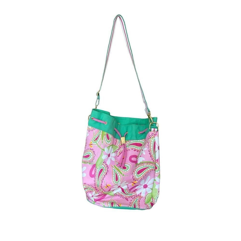 Lily Pulitzer Womens Pink Paisley Adjustable Shoulder Strap Canvas Bucket Bag - Picture 4 of 7